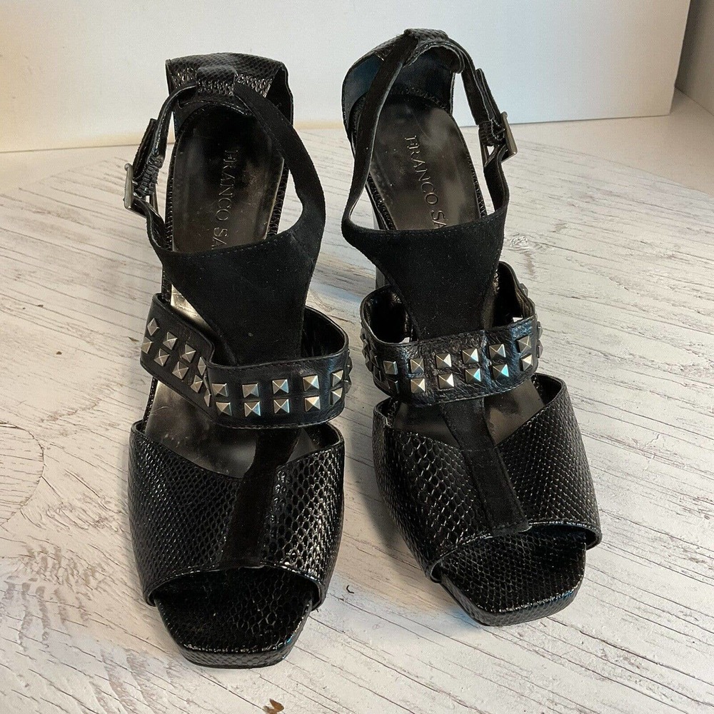 Franco Sarto 4” Heel Black Strappy Pumps Peep Toe Size 9.5M 39868001 L-Term